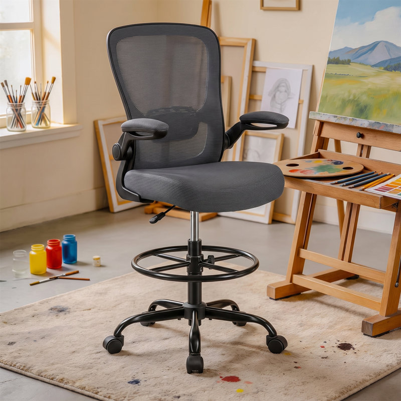 Mesh Drafting Chair with Adjustable Footrest and Lumbar Support, Black, Dark Gray