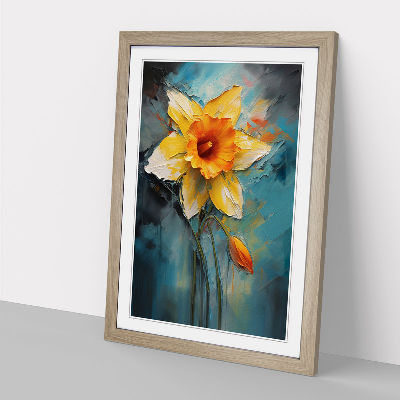 Daffodil Flower Expressionism No.2 - Single Picture Frame Print on Wood, Oak Framed, 64cm H x 46cm W