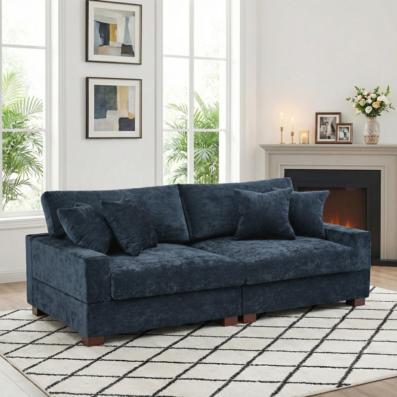 2 - Piece Upholstered Blue Chenille Modular Sectional Sofa with Armrests & Throw Pillows, Blue