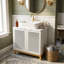 Meuble-lavabo moderne avec lavabo vasque en pierre de culture, portes doubles à lattes, pieds en bois massif et finition peinte à la main