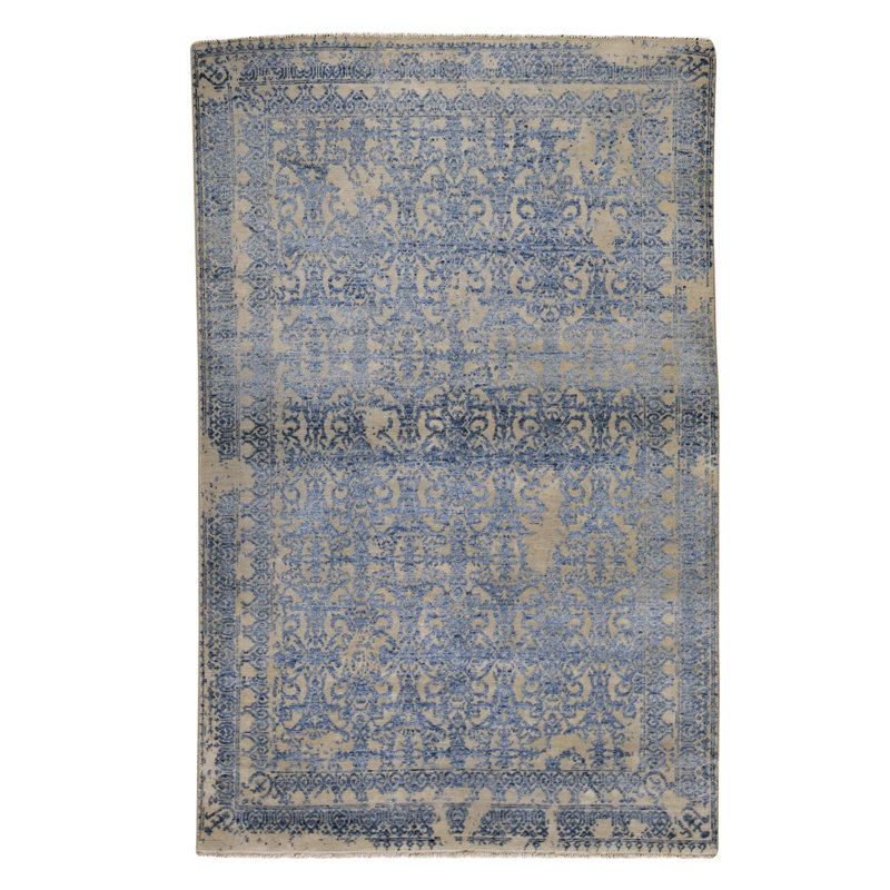 Tapis argenté et bleu noué à la main de haute qualité