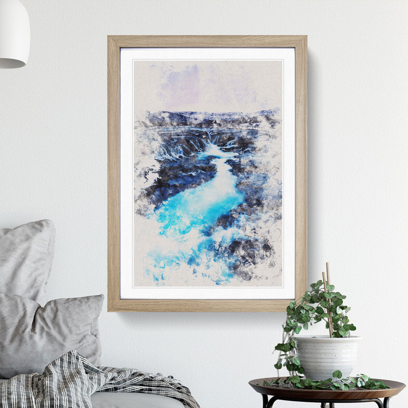 Winter Waterfall in Iceland Watercolour - Picture Frame Graphic Art, 90cm H x 65cm W x 2cm D, Oak