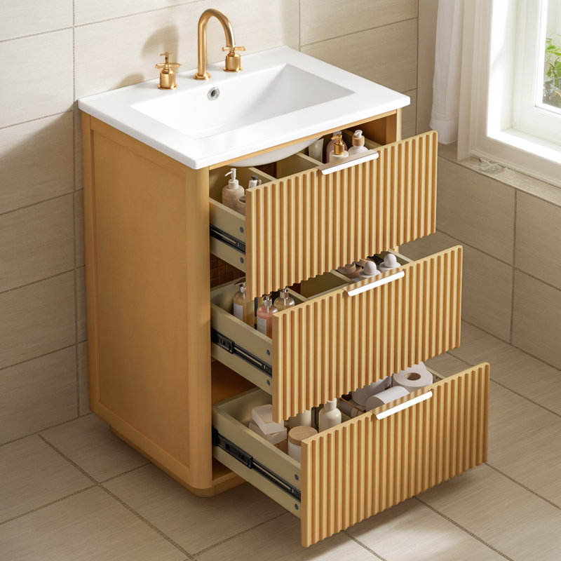 Meuble-lavabo de luxe moderne 18 po avec lavabo en céramique et tablette ouverte, armoire de salle de bain avec rangement fermé pour espace contemporain