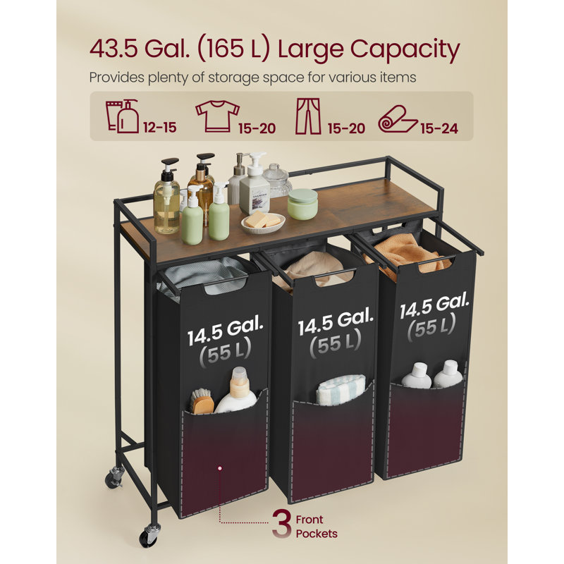 Laundry Basket, 43.5 Gal. (165 L) Laundry Hamper Sorter Cart With 3 Compartments, Storage Shelf, Wheels, Removable Bags, Pockets, Ink Black