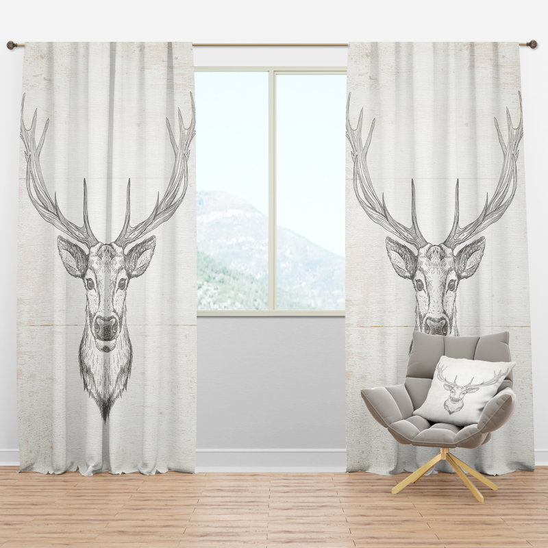 Rideau simple semi-transparent Deer Wild and Beautiful, L 52 po x L 63 po, Blanc / Beige