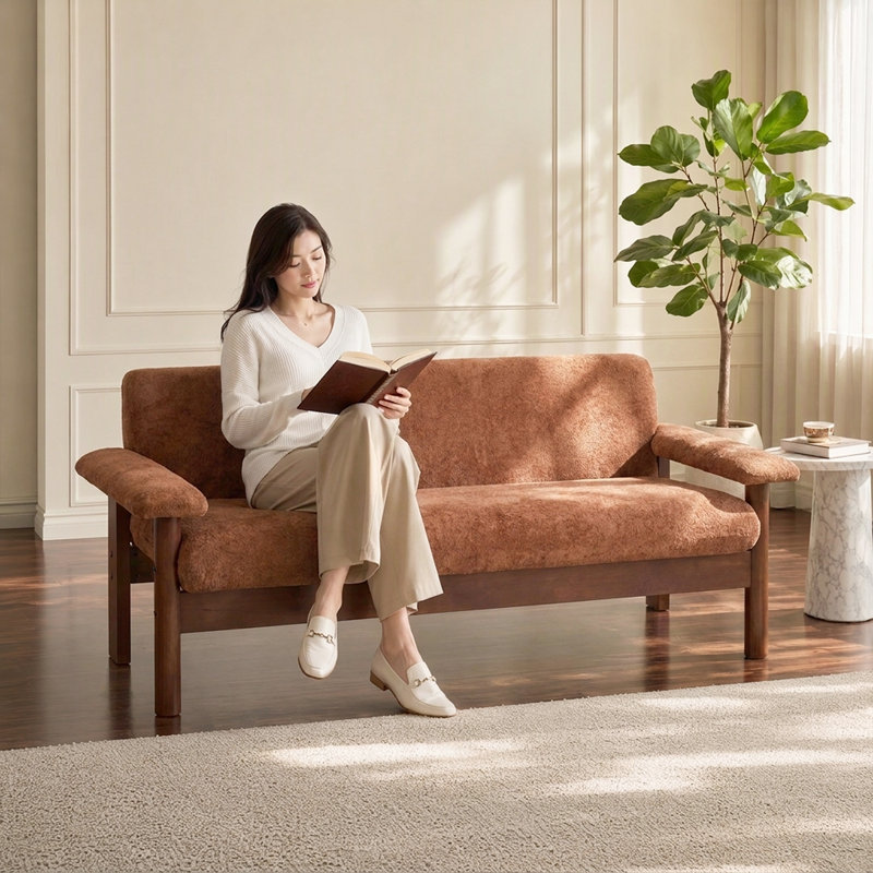 Canapé minimaliste à deux places en chenille - Sofa moderne capitonné avec accoudoirs rembourrés et coussin d'assise amovible