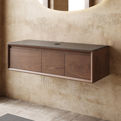 Meuble-lavabo mural 47,6 po (sans lavabo), grain de bois de noyer massif avec plateau en pierre noir mat