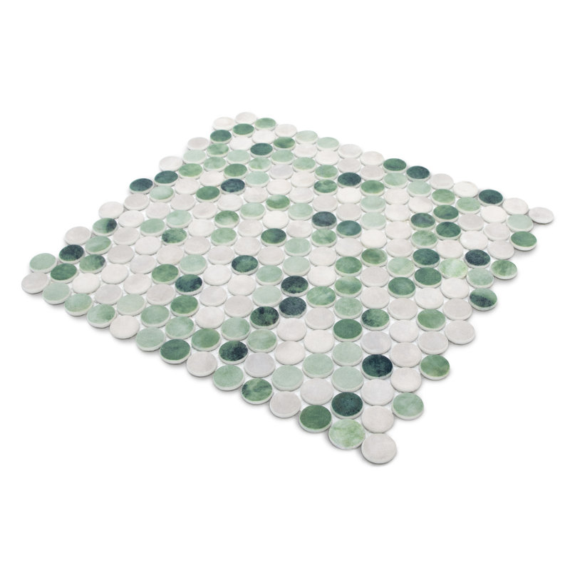 11" x 10" Penny Round Recycled Glass Floor & Wall Mosaic Tile, Green