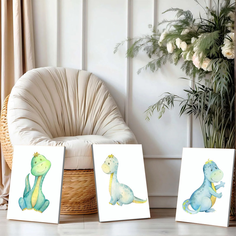 Ensemble de 3 affiches encadrées, aquarelles de dinosaures sur toile, décoration pour chambre d'enfant, chambre de bébé, chambre de garçon ou de fille, peinture d'animaux de dessin animé, décoration moderne pour salle de jeux ou salon.