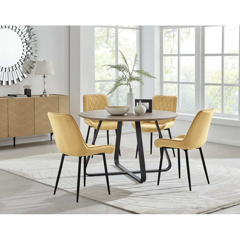 Venedocia Round Wood Effect Dining Table & 4 Luxury Velvet Dining Chairs, Mustard/Black