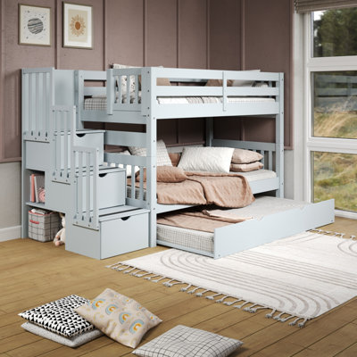 Tena Twin over Twin Solid Wood Standard Bunk Bed with a 3 Step Stairway, 3 Built-In Drawers, Twin Trundle, Breezy Blue