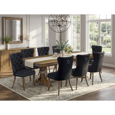 9-Piece Xtenczar Dining Table Set Includes a Rectangle Table and 8 Black Polyester Fabric Dining Chairs, 44x100 Inch, Antique Walnut