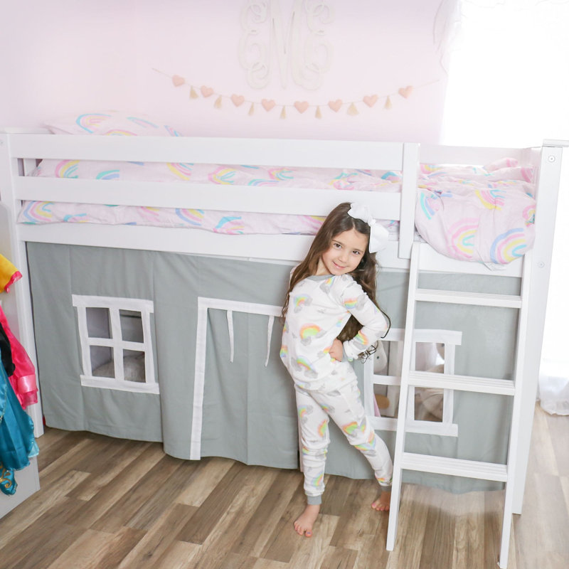 Ethridge Kids Solid Wood Twin Loft Bed with Curtain, White, Gray