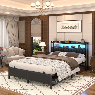 Jaylann Bed Frame with Charging Station, Adjustable Upholstered Faux Leather Headboard and LED Lights