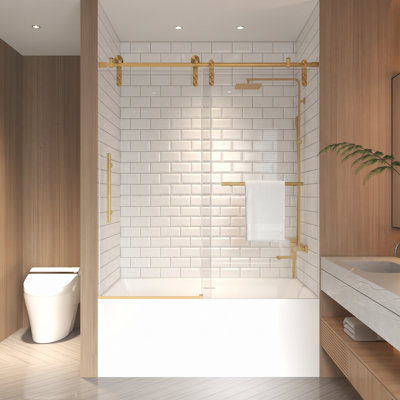 Porte de baignoire coulissante sans cadre 142-152 cm L x 168 cm H, porte de douche pour baignoires encastrées, verre trempé transparent 8 mm, cadre en acier inoxydable, finition or brossé