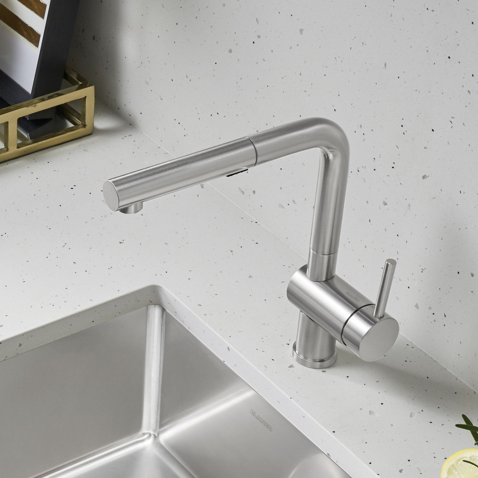 Linus Low Arc Pull-Out Kitchen Faucet, PVD Steel