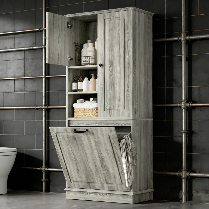Tall Storage Cabinet with Adjustable Shelves and Large Flip-Out Basket, Gray