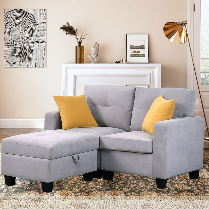 Canapé modulaire à accoudoirs carrés de 58 po Khalsa, Velours gris clair