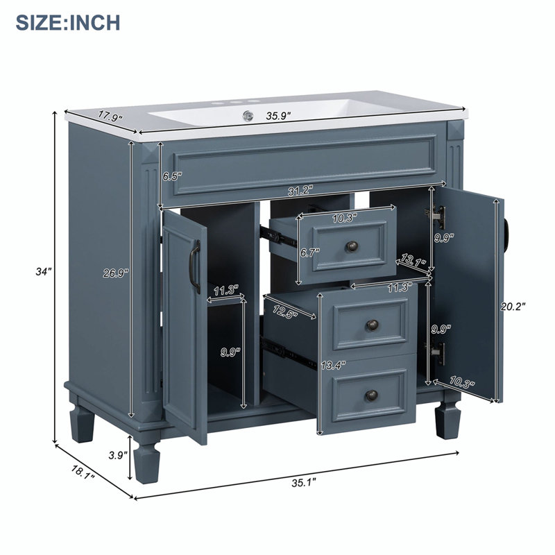 Meuble-lavabo simple 35,9 po avec plateau en résine Desaraye, Bleu