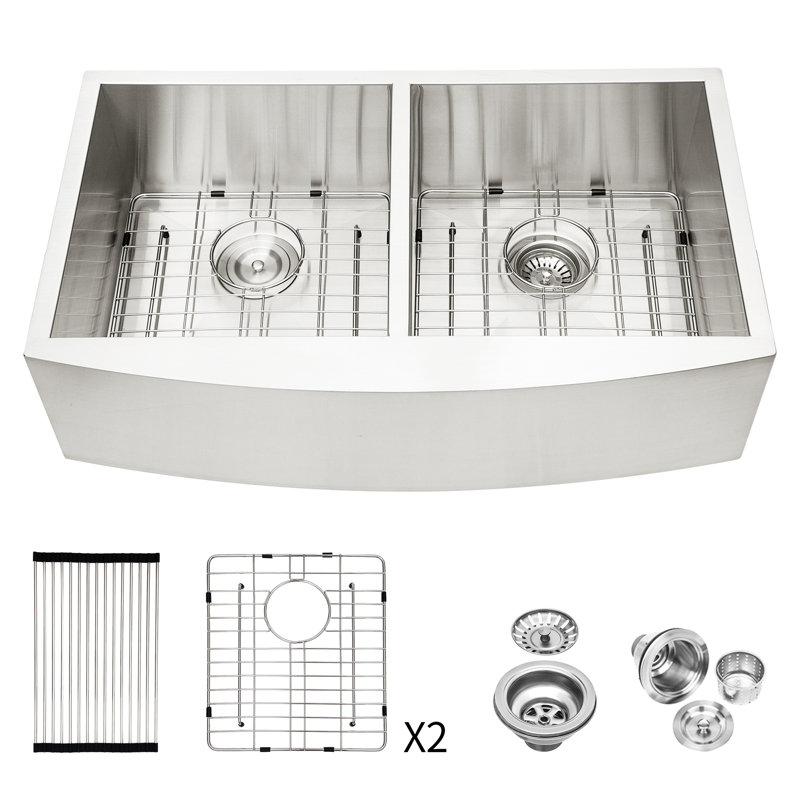 Évier de cuisine à double cuve à tablier frontal de 36 po de longueur, 20 po de largeur, 9 po de profondeur, acier inoxydable T304 de calibre 16, bonde en forme de X pour faciliter l'élimination de l'eau, revêtement pour éviter la condensation, comprend
