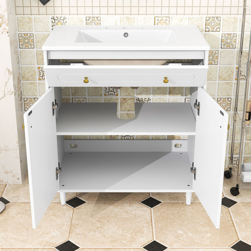 Meuble-lavabo en bois avec lavabo en céramique, tablette ajustable et tiroir basculant, Blanc