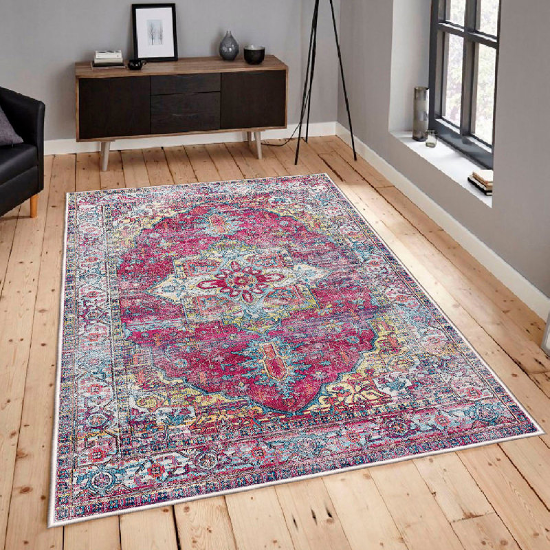Premium 100% Cotton Area Rug (5.9 x 9.2 ft), Antibacterial, Non-Slip PVC Underside | Pile Height: 0.4 in, Total Thickness: 0.3 in | Machine Washable, Elegant White & Tile Red/Green/Blue Design for Home Decor