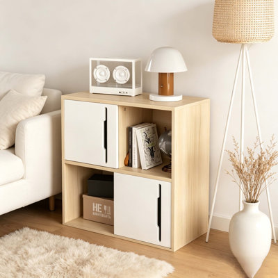 Modern 2-Tier Cube Storage Cabinet, Natural Wood & White Sliding Door Bookcase With Open/Closed Shelves, Versatile Organizer For Living Room & Bedroom