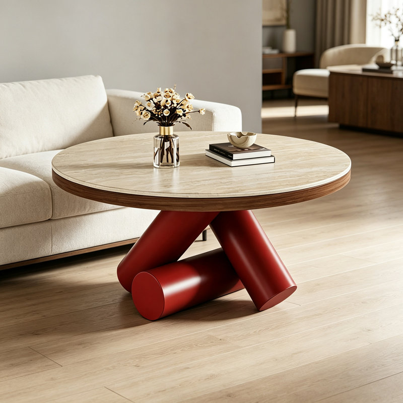Table basse légère de luxe avec support en acier au carbone, Light Khaki, Red