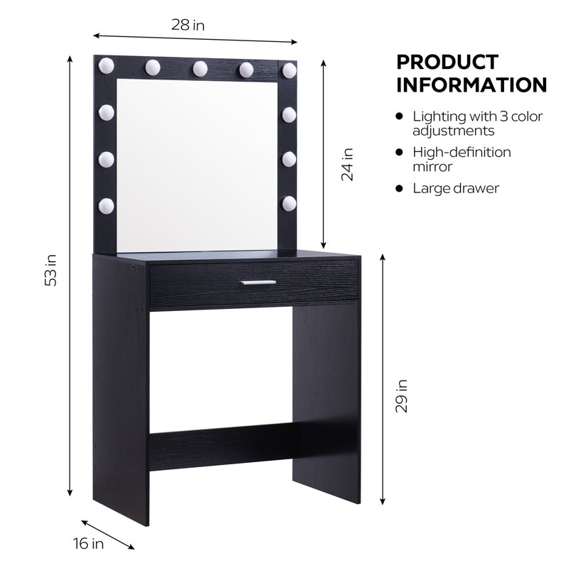 Elegant Black Vanity Desk with Mirror & Adjustable Lights, Large Drawer Dressing Table with 3 Modes