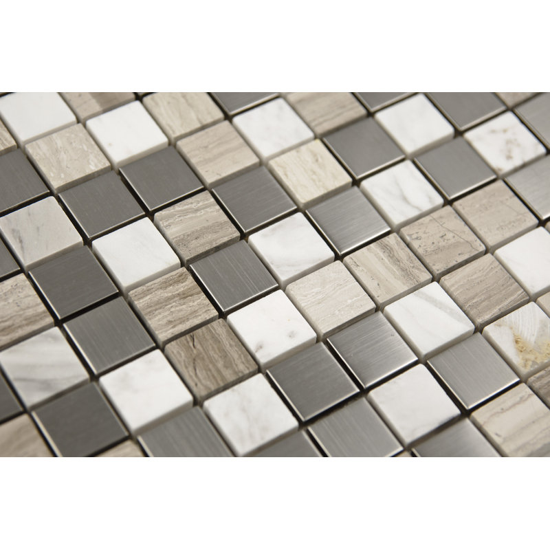 1" x 1" Mixed Material Mosaic Tile, Gray/White