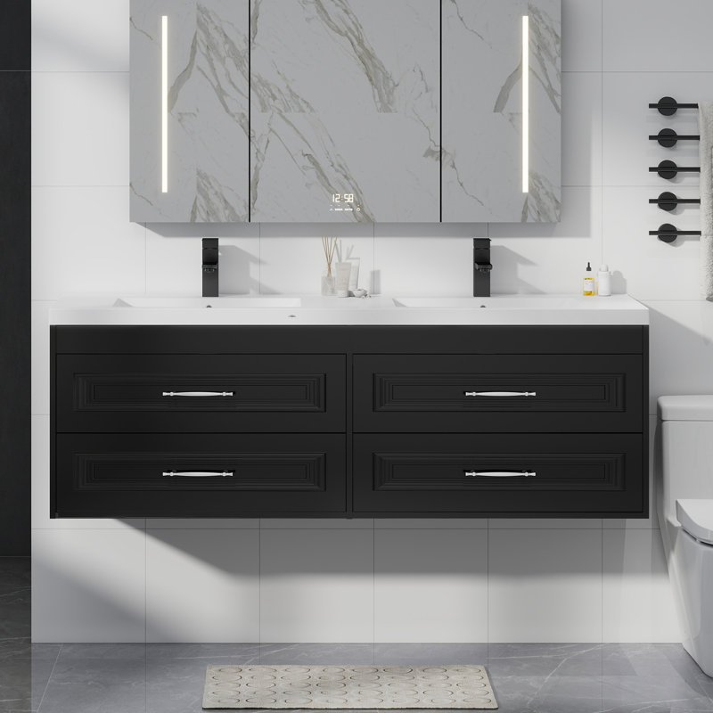Ensemble de meuble-lavabo simple 60 "avec comptoir en résine SMC, Noir, 60"
