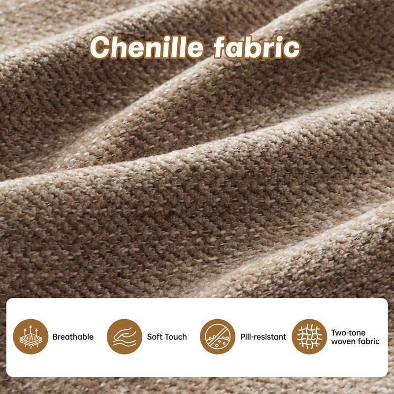 Sectional L-shaped Couch With Ottoman, Chenille Fabric, Camel Chenille