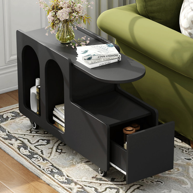 End Table With Storage And Wheels, Black