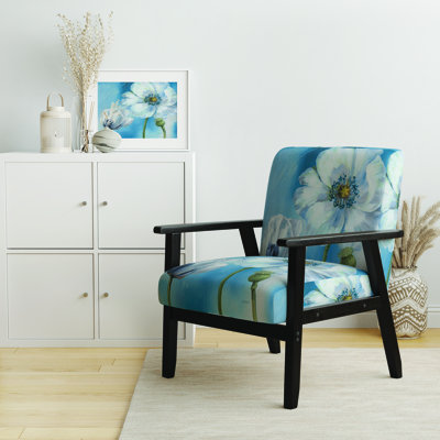 'Hartwin - White Flower on Blue I - Upholstered Farmhouse Accent Arm Chair