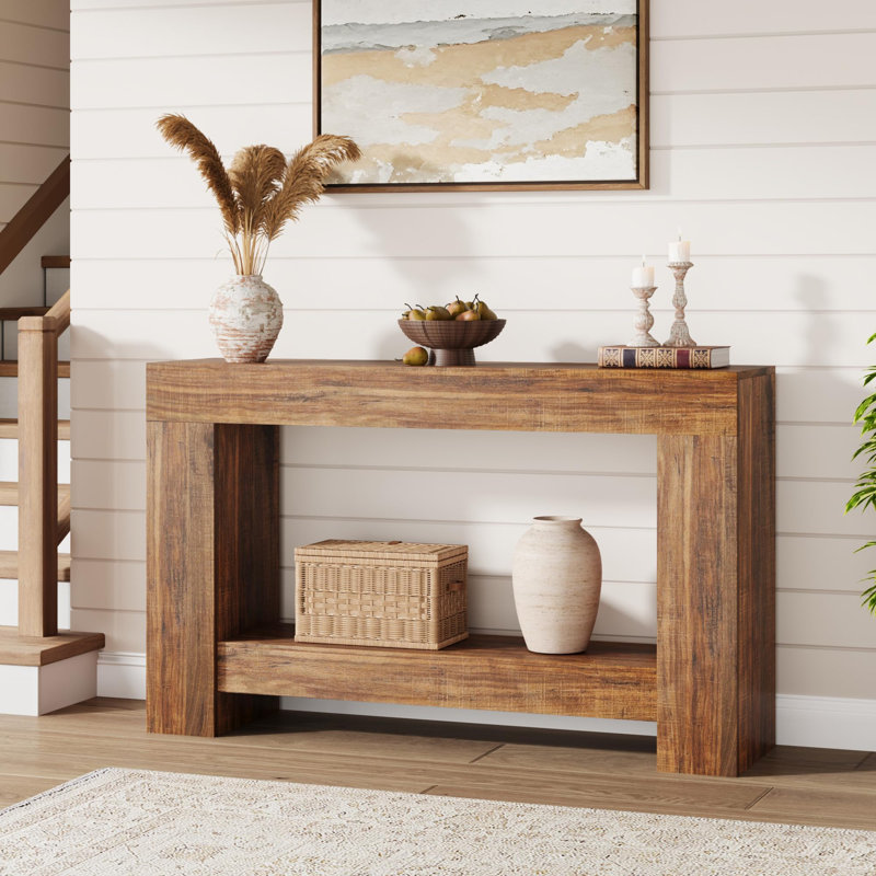  Console de ferme pour le hall d'entrée - Grande table de canapé en bois à 2 niveaux avec rangement - Longue table d'entrée rectangulaire pour le salon ou le couloir - brun, 1,6 mètres