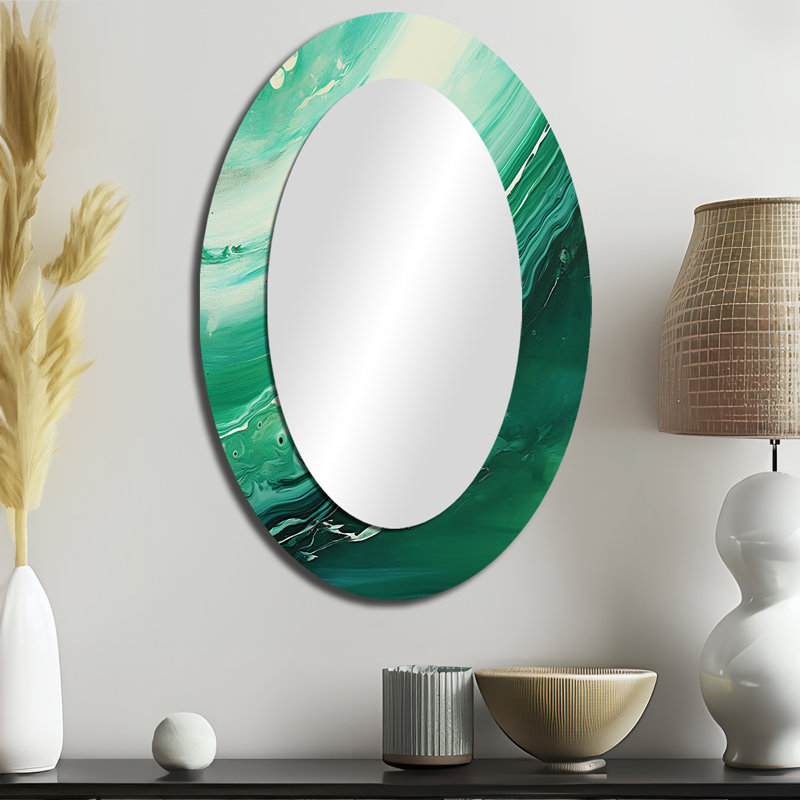 Jade Jupiter Planète dans l'espace - Miroir mural moderne vert ovale, H 36 po x l 24 po