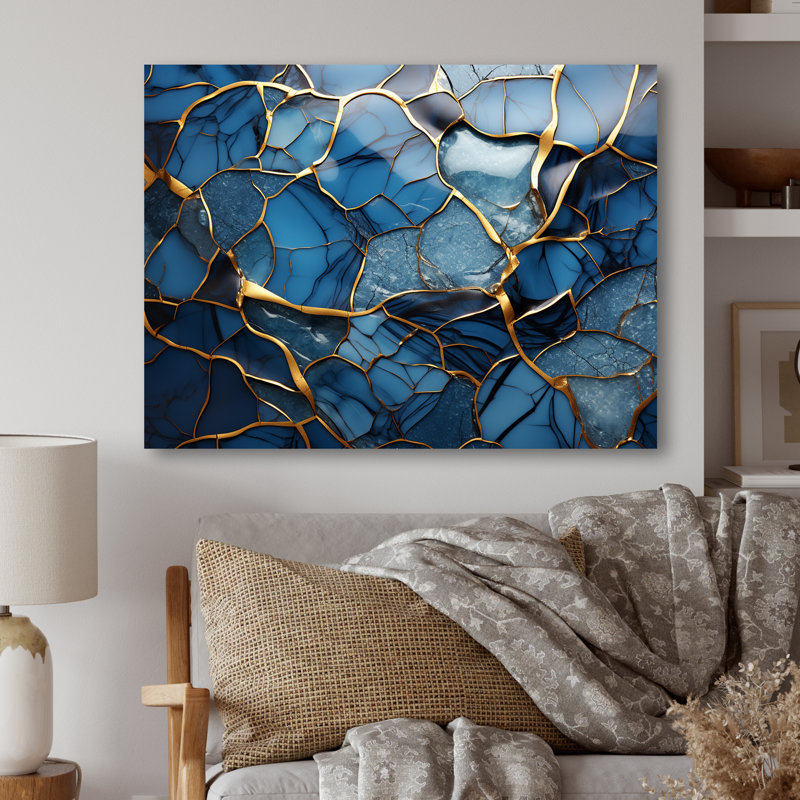 «Gold and Blue Marble Mosaic Agate III», reproduction d'art murale abstraite en métal, H 24 po x l 32 po x P 1 po