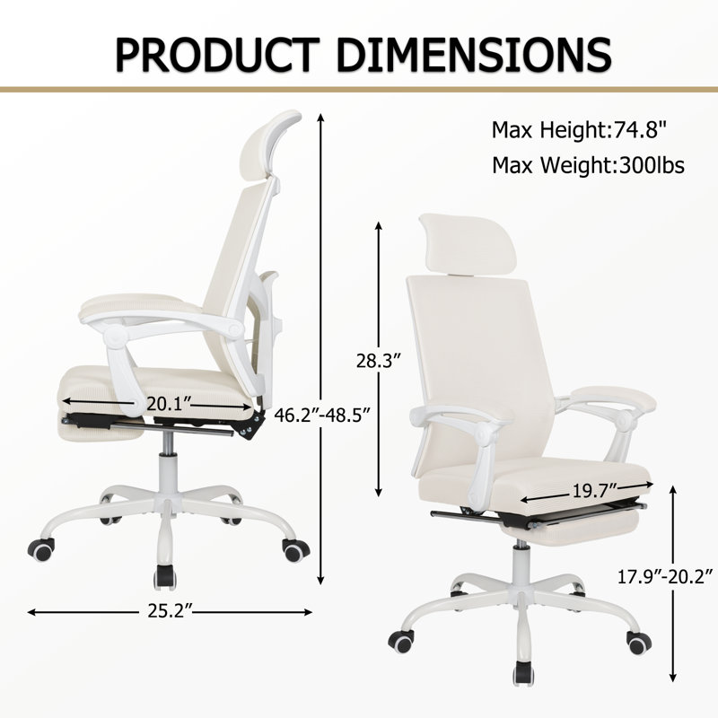 Yepez Ergonomic Swivel Mesh Task Office Chair With S-Shaped Backrest, Headrest And Footrest, Beige