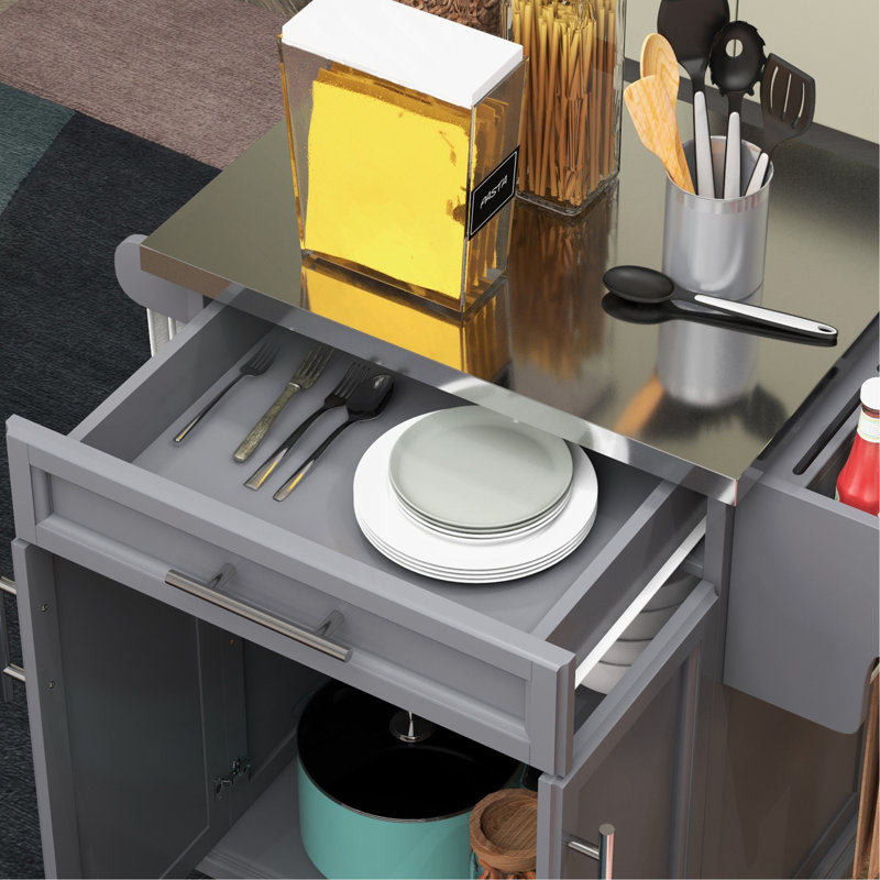 Kitchen Island On Wheels, Rolling Kitchen Cart With Stainless Steel Countertop, Drawer, Towel Rack And Spice Rack, Utility Storage Trolley