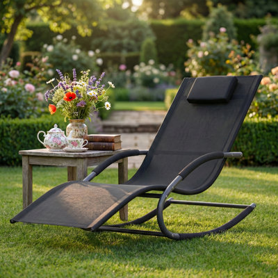 Adjustable Outdoor Lounge Chair, Folding Recliner with Removable Pillow, Electric Car Fabric & Mesh, Ergonomic All-Weather Steel Frame, 300lbs Capacity for Patio, Deck & Garden – Black