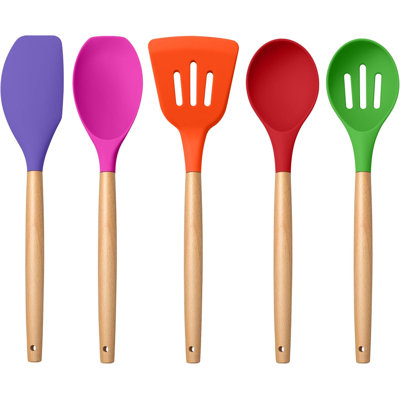 5-Piece Silicone Cooking Utensils Set With Wooden Handle, Nonstick Kitchen Tools For Safe And Efficient Cooking, Heat Resistant And Nontoxic