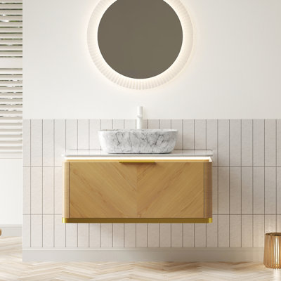 Meuble-lavabo de 36 po avec rebord courbé exquis, tiroir à fermeture en douceur, surface en marbre fritté à capteur et cuve en marbre, structure pré-assemblée avec vasque blanche