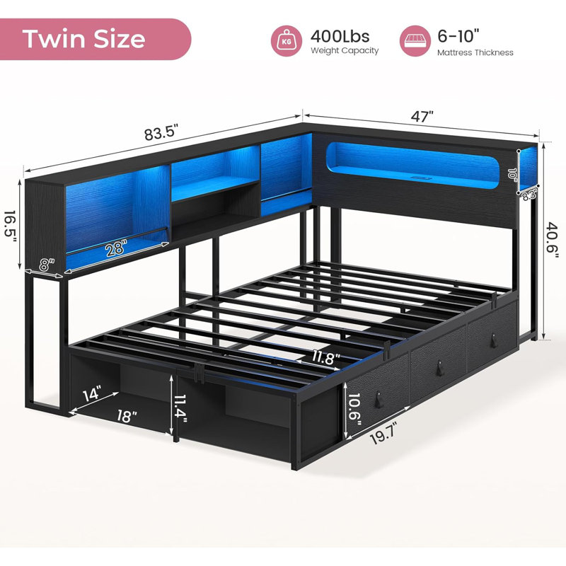Corner Bed Frame With Bookcase Storage & Rgb Lights, Charging Station, Metal Daybed With 3 Drawers & 2 Open Cubbies, For  Small Space