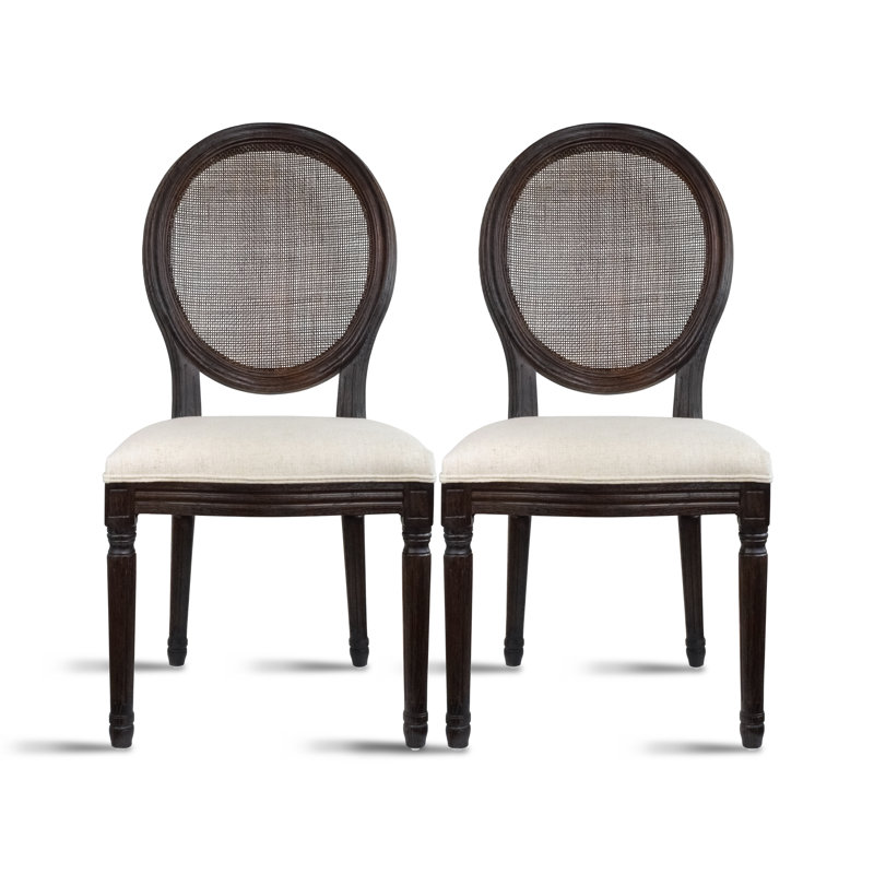 French Country Dining Chairs | Upholstered Linen Padded Fabric with Rustic Dark Brown Wooden Frame | Farmhouse Oval Rattan Back Side Chair For Kitchen, Wedding Chairs, Ivory Off White