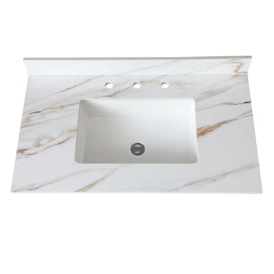 Marble Vanity Top, Bathroom Vanity Top With Undermount Rectangular Middle Sink And 4" Height Backsplash, Pre-Drilledfaucet Hole Spread Vanity Top, Carrara With Veins