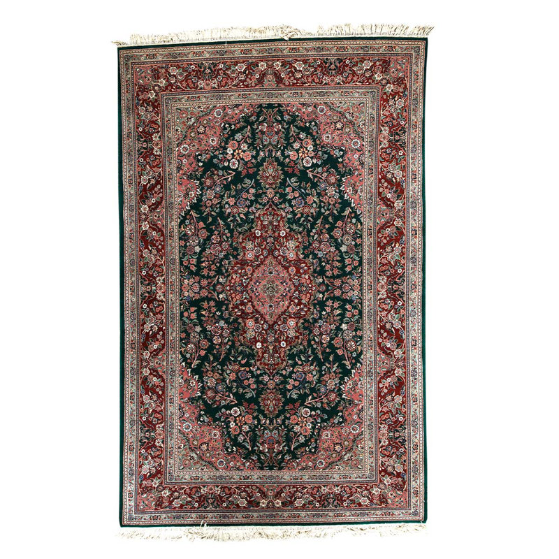 Tapis vert foncé / rouge / ivoire en laine noué à la main de conception unique 5 pi 11 po x 9 pi 10 po