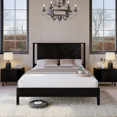 Vivian Solid Wood Bed with Headboard, Rustic Black Wood Bed Frame