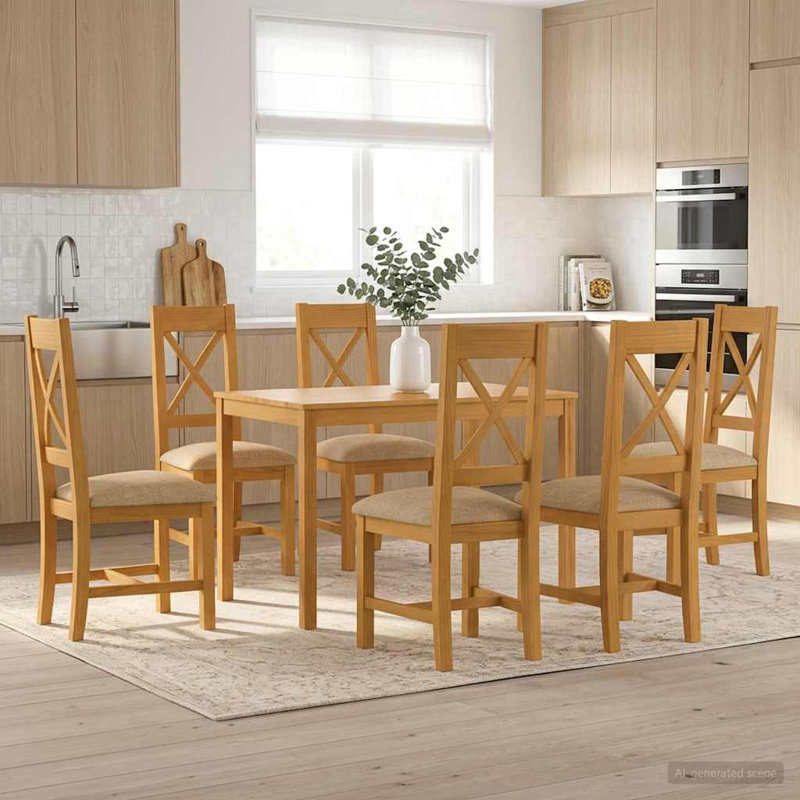 Oak Solid Wood Dining Set, Beige, 7
