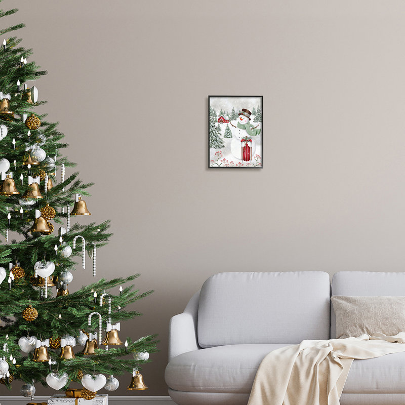 Joyeux bonhomme de neige, traîneau rouge, Holly Botanicals, estampe numérique encadrée noire, art texturé par Emma Leach