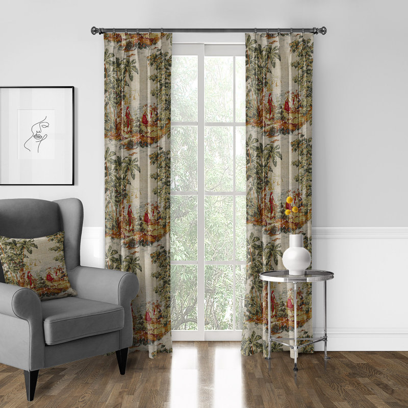 French Countryside Linen Blend Toile Room Darkening Pinch Pleat Single Curtain Panel, 40" W x 84" L